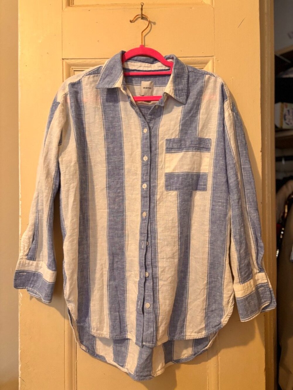 🌊 Anthropologie Maeve "Bennet" Linen Cotton Buttondown Shirt | S | Blue & White